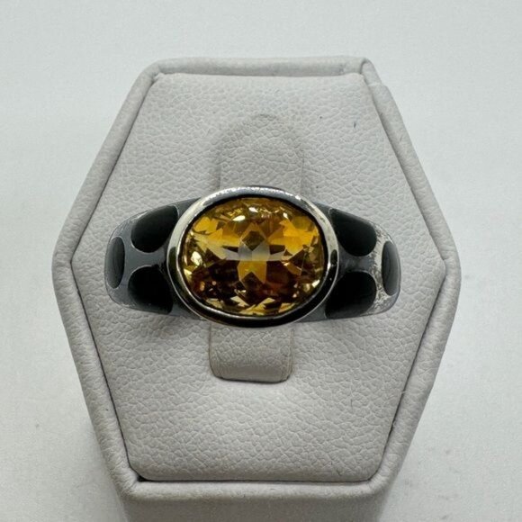 Sterling Silver Rio Grande Golden Citrine Oval w Black Quartz Ring size 9 .925 - Picture 2 of 8